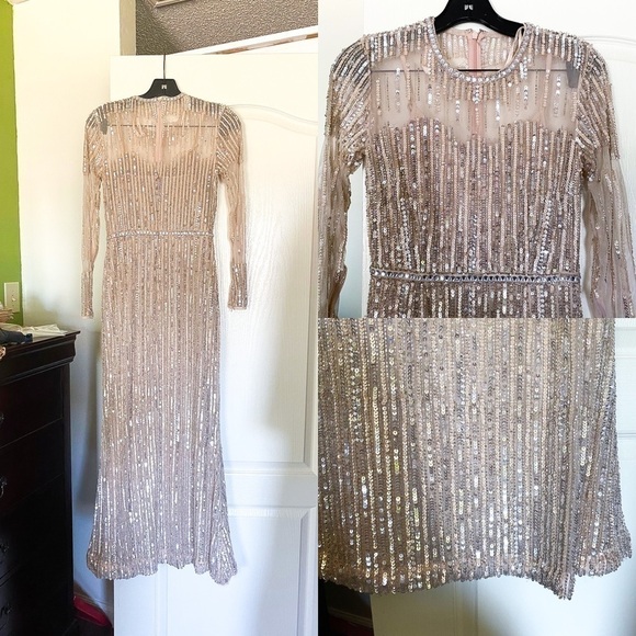 FAIR Mac Duggal Gown Sequined Illusion High-Neck Long-Sleeve Trumpet Rose Gold 2 - Picture 2 of 11